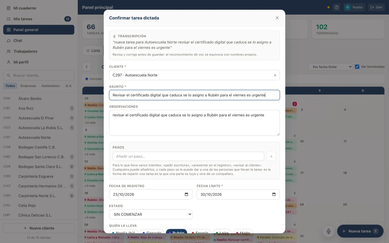 Pantalla de confirmación de la tarea dictada, con el cliente, el responsable y la fecha límite ya rellenos