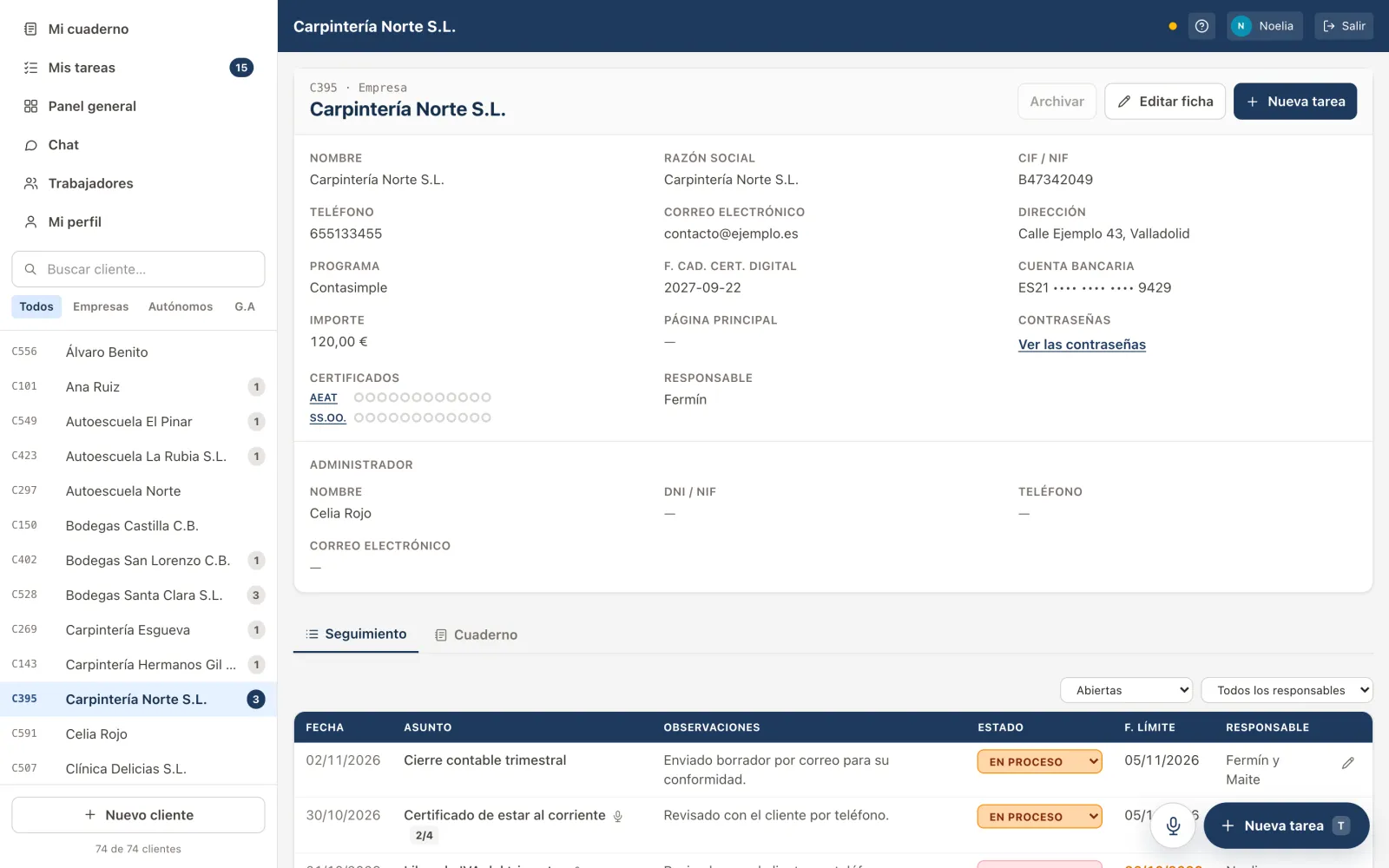 Ficha de un cliente con sus datos, certificados y la tabla de seguimiento de sus tareas